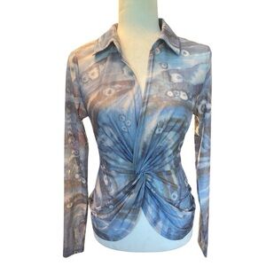 ACOA Womens Blue Marbled Mesh Long Sleeve Shirt